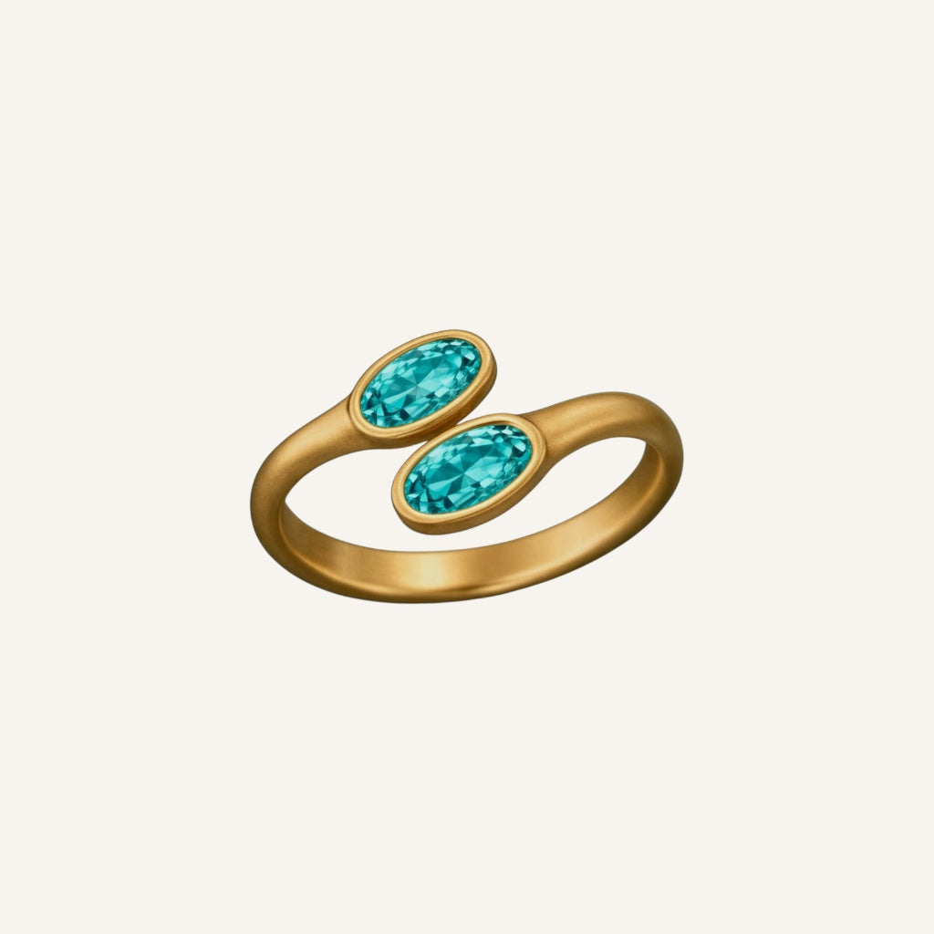 Orbita / Chroma — twin lagoon tourmaline ring in 18k yellow gold